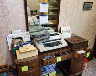Vintage vanity desk, mirror, IBM Selectric II typewriter (works!)