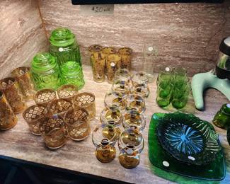 Vintage barware, Moon & Stars canister set, green glassware