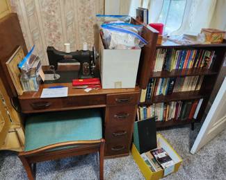 Vintage White sewing machine with desk, books