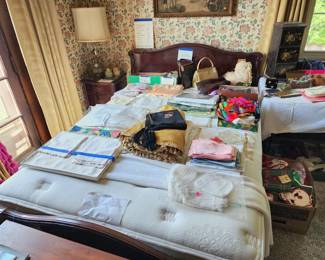 Kling full bed with nice Sealy mattress, vintage linens, scarves, purses