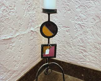 Vintage stained glass / wrought iron candle holder