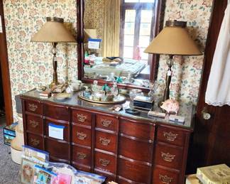 Kling dresser, mirror, vintage brass lamps, vanity items, vintage cards, magazines, etc.