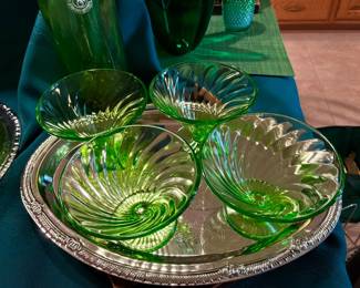 Vintage Green Federal Glass Dessert Dishes