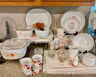 Vintage Corelle Peach Floral Dinnerware with Matching Glasses & Casserole Dish