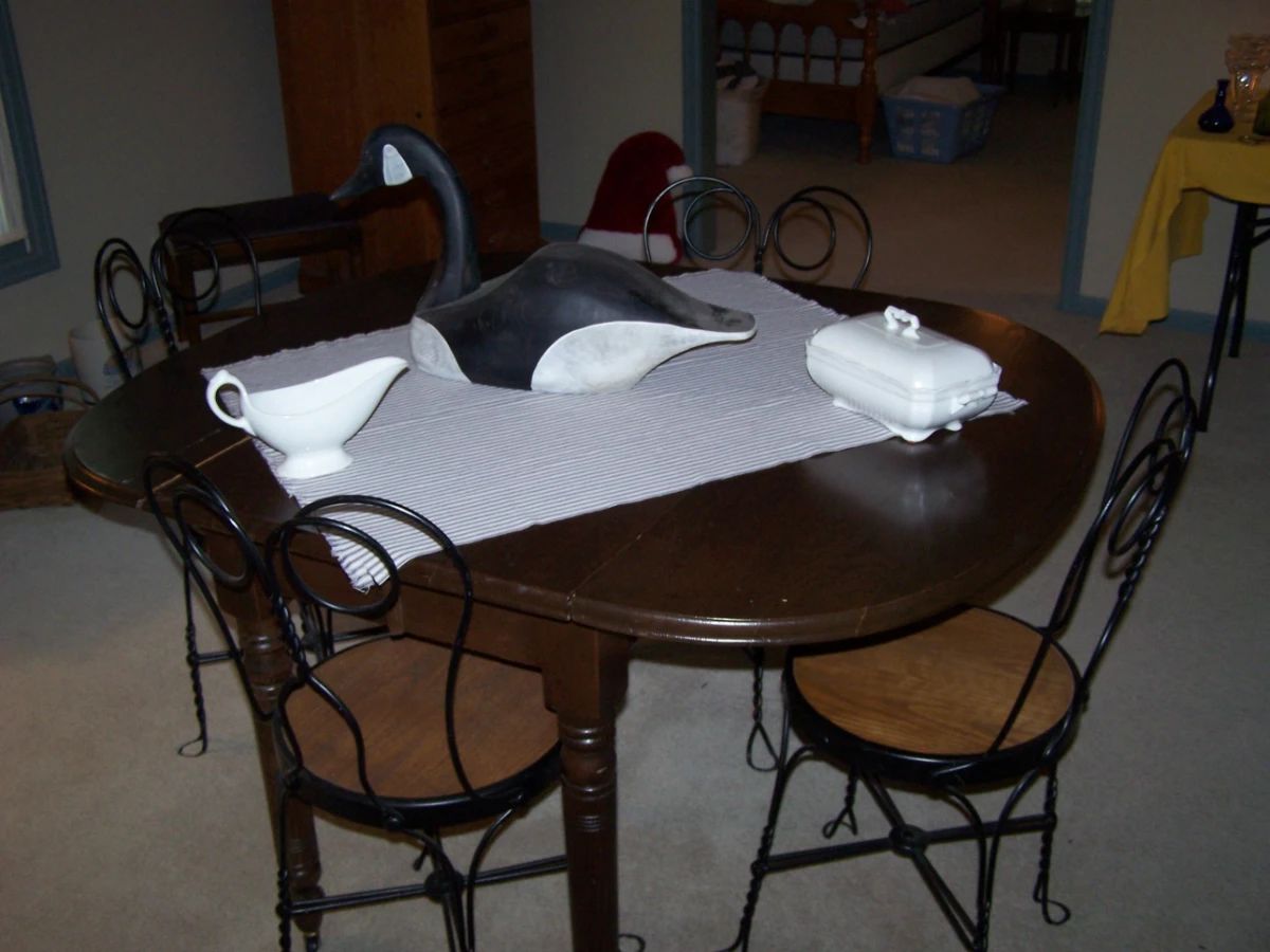 ANTIQUE DROP-LEAF TABLE--HAS 2 LEAVES, SET OF 4 ICE CREAM CHAIRS, GOOSE DECOY & IRONSTONE PIECES