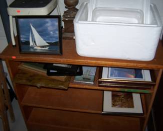 ANOTHER WOODEN SHELF, FRAMES & PRINTS