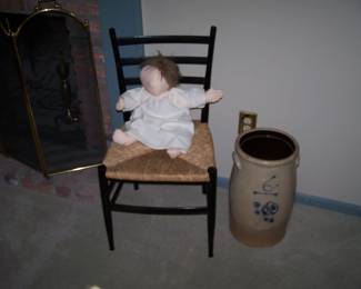 6 GALLON CROCK, RUSH SEAT CHAIR & DOLL