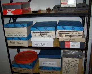 METAL SHELF & BOXES OF MISC.