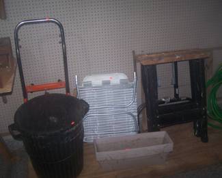 SAWHORSES, LAWN CHAIR & HAND TRUCK
