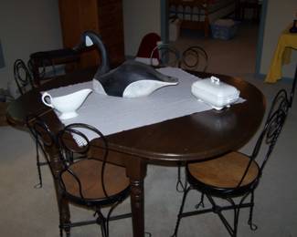 ANTIQUE DROP-LEAF TABLE--HAS 2 LEAVES, SET OF 4 ICE CREAM CHAIRS, GOOSE DECOY & IRONSTONE PIECES
