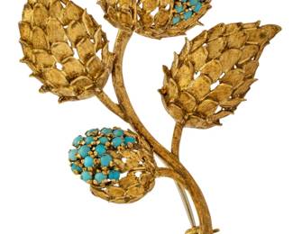 Lot 22 18K Italy Gold and Turquoise Bead Brooch 1950, H 2.1" 14.6 grams 1 PC