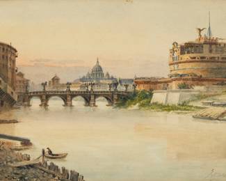 Lot 1070 Juan Jiménez Martín (Spanish, 1858-1901) Watercolor on Paper, Ca. 1880-90, 'Castel Sant'Angelo, Roma', H 10.5" W 15"