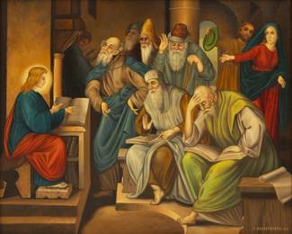Lot 1087 Greek Oil on Canvasboard, 1976, 'Christ Among the Doctors', H 37" W 46"