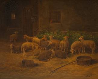 Lot 1085 French Oil on Canvas, Ca. Late 19th C., 'Sheep Feeding in a Barn', H 21.5" W 29"