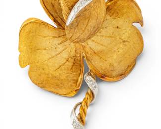 Lot 45 18K Yellow Gold with Diamonds Flower Brooch 1960, H 2.7" 27 grams 1 PC