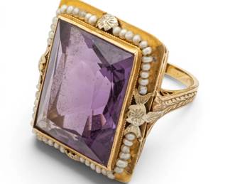 Lot 60 Amethyst, Pearl and 14K Gold Ring, Size 7 1/2 18 grams 1 PC