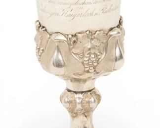 Lot 105 German Silver, Vermeil Interior Presentation Chalice 1863, 'To Pastor Masek, from the Protestant Parish of Kagerbach', H 8" Dia. 3" 6.7 t oz 1 PC
