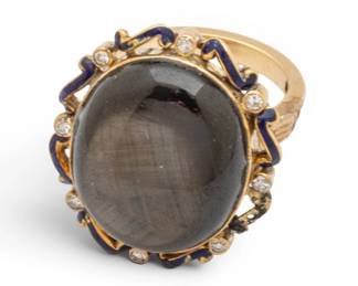 Lot 25 14k Yellow Gold and Black Star Sapphire Ring with Blue Enamel, Diamonds, Adjustable Size 1940, Size 7 17.2 grams 1 PC