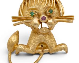 Lot 54 14kt Yellow Gold, Ruby and Emeralds Lion Form Brooch, Ca. 1960s, H 1.5" W 1.25" 12 grams