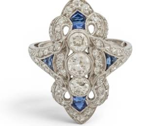 Lot 44 Diamond and Blue Sapphire Platinum Ring Size 6 1/2 1920, 7 grams 1 PC