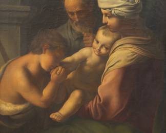 Lot 1088 After Simone Cantarini (Italian, 1612-1648) Oil on Canvas, 1924, 'The Holy Family with Saint John the Baptist', H 36.5" W 27.75"