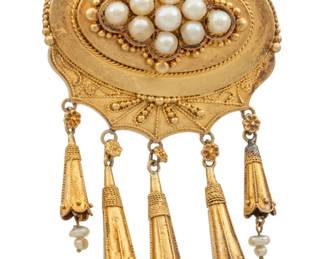 Lot 24 Victorian Oval Gold and Pearl Pin with Tassels 1880, W 1.2" 1 PC