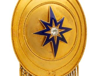 Lot 34 London 18K Gold Pendant Locket, Inset Diamond and Enamel 1880, H 3.5" W 1.5" 25 grams 1 PC