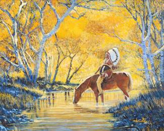 Lot 1064 Charles Schridde (American, 1926-2011) Oil on Canvas, 'Native American on Horseback', H 30" W 40"