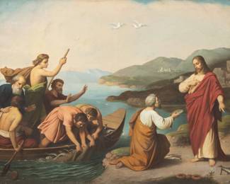 Lot 1078 After Johann Schraudolph (German, 1808-1879) Oil on Canvas, Ca. Late 19th C., 'Peter and the Miraculous Draught of Fishes', H 29" W 38.5"