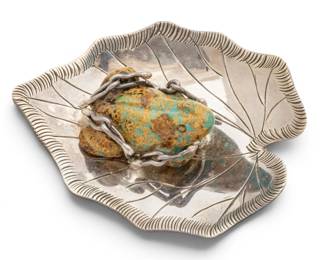 Lot 42 Silver 925 Leaf Pendant Brooch with Ceramic Frog L 2" 13.4 grams 1 PC