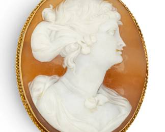Lot 65 Italy Carved Portrait Cameo, 18k Yellow Gold Pendant or Brooch 1900, H 2.5" 15 grams 1 PC