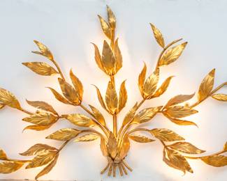 Lot 83 Attributed to Hans Kogl (German/Italian, 20th C.) Gilded White Metal Palm Leaf "Peacock" 9 Light Wall Sconce 1970, H 34" W 37"
