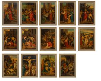 Lot 1068 Series of Oil Paintings on Canvas 'Fourteen Stations of the Cross', H 30.5" W 21" 14 PCS