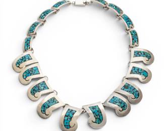 Lot 75 Taxco Mexico Turquoise Inlay Sterling Silver Necklace 1960, L 16" 114 grams 1 PC