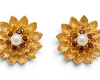 Lot 66 14k Gold, Pearl, and Ruby Flower Form Earrings 1960, 13 grams 1 PAIR
