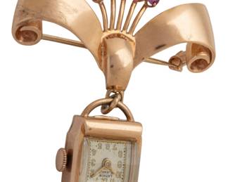 Lot 33 Lathin (Swiss) 14K Gold Lapel Watch, Pink Sapphires, 17 Jewels 1940, 15.3 grams 1 PC