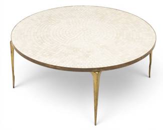 Lot 1049 American Tile Top Coffee Table with a Brass Frame, Ca. Mid-20th C., H 16" Dia. 36"