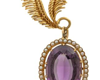 Lot 61 14K Gold, Amethyst and Pearl Brooch 1960, H 3.6" W 1.7" 32 grams 1 PC