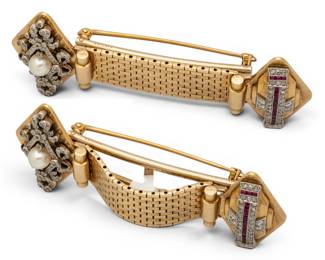 Lot 7 Cartier (French) 18K Ruby, Diamond and Pearl Bar Pin 1940, 28 grams 1 PC