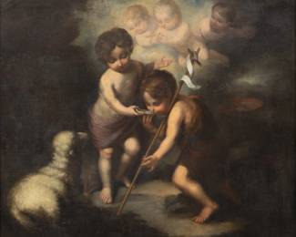 Lot 1079 After Bartolomé Esteban Murillo (Spanish, 1617-1682) Oil on Canvas, Ca. 19th C., 'The Infant Christ and Saint John the Baptist with a Shell', H 30.5"