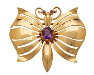 Lot 18 14k Yellow Gold and Amethyst Butterfly Brooch 1960, W 2" 16.2 grams 1 PC