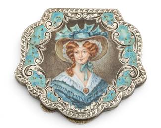 Lot 78 Art Nouveau Enamel and 800 Silver Engraved Compact 1920, H 3.2" W 3.7" 134 grams 1 PC