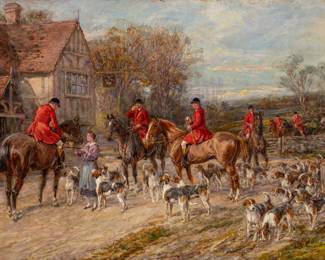 Lot 1071 Heywood Hardy (English, 1842-1933) Oil on Canvas 'Hounds and Horsemen at an Inn', H 20" W 30"