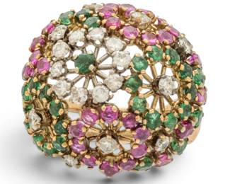 Lot 39 14K Diamond, Emerald, Sapphire Gold Dome Ring, Size 7 1/2 11.2 grams 1 PC