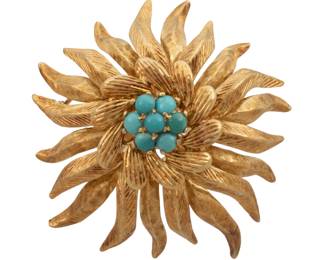 Lot 36 Italy 18K Gold Brooch with Turquoise 1960, Dia. 1.5" 17.1 grams 1 PC