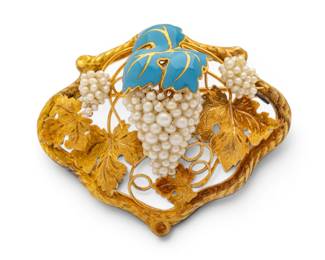 Lot 20 14k Yellow Gold, Seed Pearl Brooch, Enamel Decoration 1940, W 2" 10 grams 1 PC