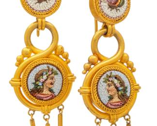 Lot 12 Roma Micro Mosaic and High Karat Yellow Gold Earrings 1920, L 2.2" 18 grams 1 PAIR