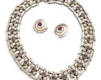 Lot 74 Mexico Sterling Silver Link Necklace with Amethyst Beads + Earrings 1950, L 17" 148 grams 3 PCS