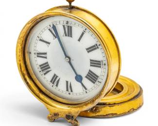 Lot 102 English Sterling Silver and Vermeil Clock, Ca. Late 19th C., H 4" W 3" Depth 3.5"
