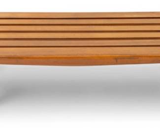 Lot 1046 Yugoslavian Mid-Century Modern Teakwood Slat Bench in the Danish Style, H 11.5" W 18.5" L 60"